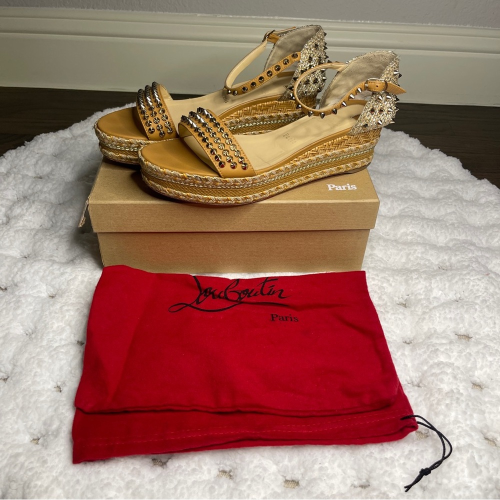 Christian Louboutin Beige and Gold Wedge Sandals